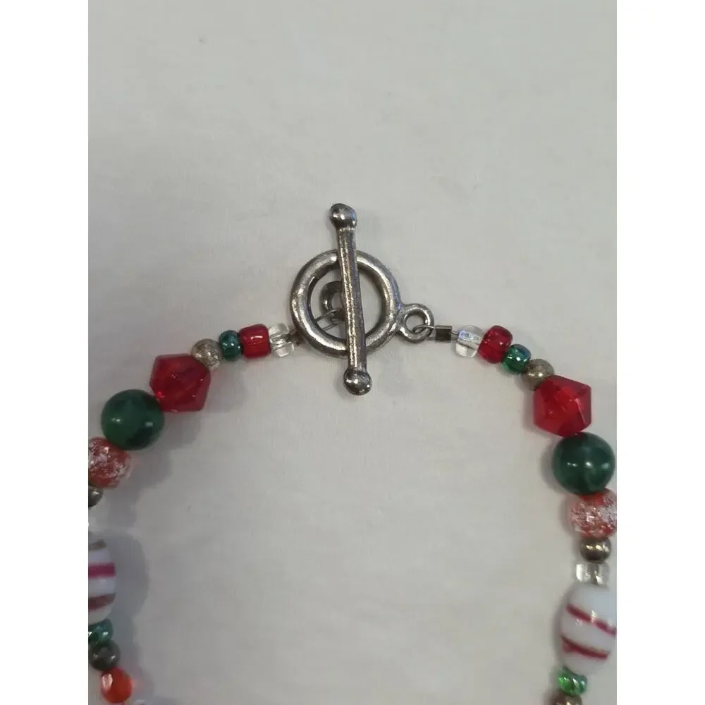 Christmas Colored Glass Beaded Chain Bracelet Red Green White Silver Tone